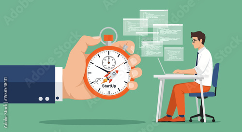 Fast Software Development Programmer Working Against the Clock, Vector Illustration