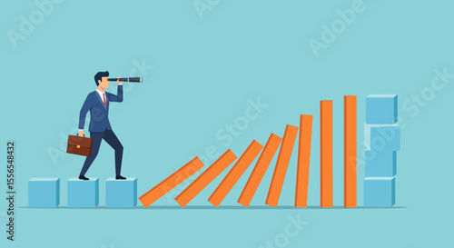 Businessman Anticipating Risk Vector Illustration of Domino Effect and Strategic Foresight