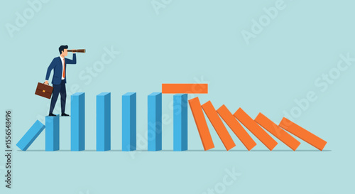 Businessman Using Telescope to Anticipate Domino Effect Risk Management Strategy
