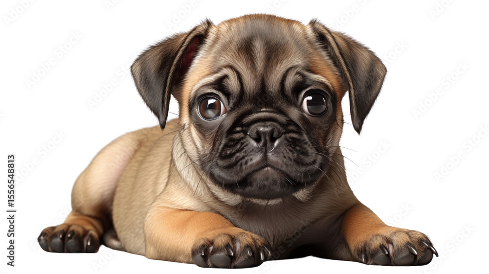 Obraz premium Adorable pug puppy lying down, showcasing its brown fur and expressive eyes, a delightful canine portrait for animal lovers transparent.