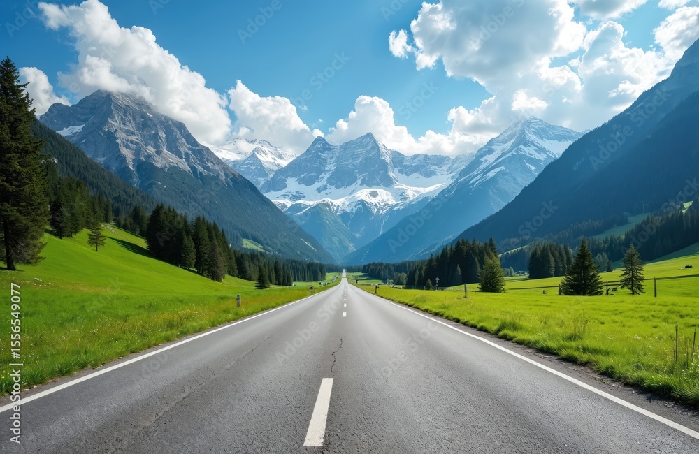 Fototapeta premium Open road stretches towards majestic Swiss Alps under cloudy blue sky. Asphalt road surrounded by green meadows, forests. Travel, vacation, road trip through picturesque landscape, freedom,