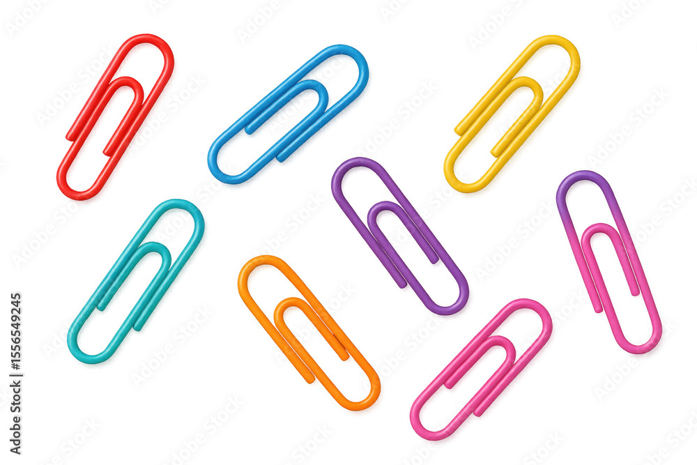 Vibrant paperclips scattered across clear surface, creating organized workspace design element Vibrant paperclips scattered across clear surface, creating organized workspace design element