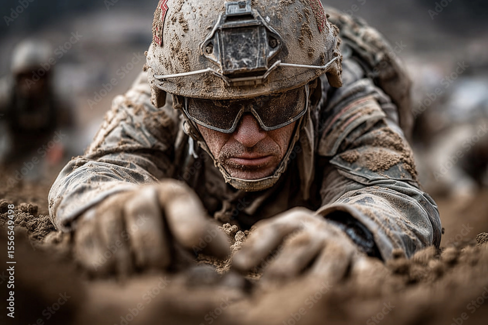 Fototapeta premium Soldiers engage in field training while planting under challenging conditions in a rugged terrain environment surrounded by military operations
