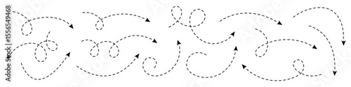 Collection of curved arrows with dashed lines. Minimalist elements for visualization, navigation, direction, process and graphic design.