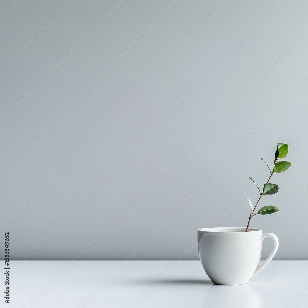 Plant growing from white cup on minimal background Plant growing from white cup on minimal background