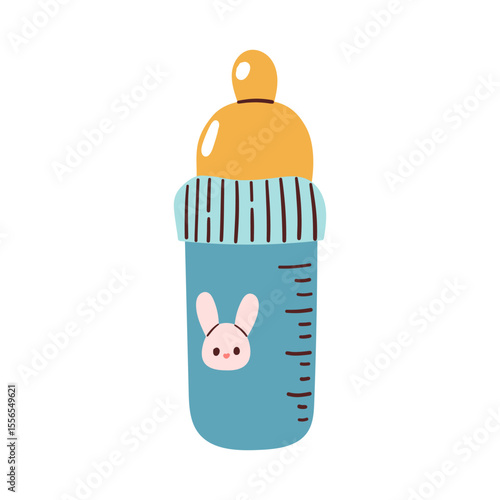 Baby bottle icon. Simple and cute infant feeding bottle clipart illustration. Features a blue and yellow design with milk or formula inside.
