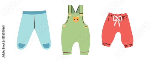 Baby cute clothes, abstract clothes, cute minimal wear for children. Baby wardrobe, fashion colorful outfit in bohemian style. Cute kawaii baby pants flat cartoon style .