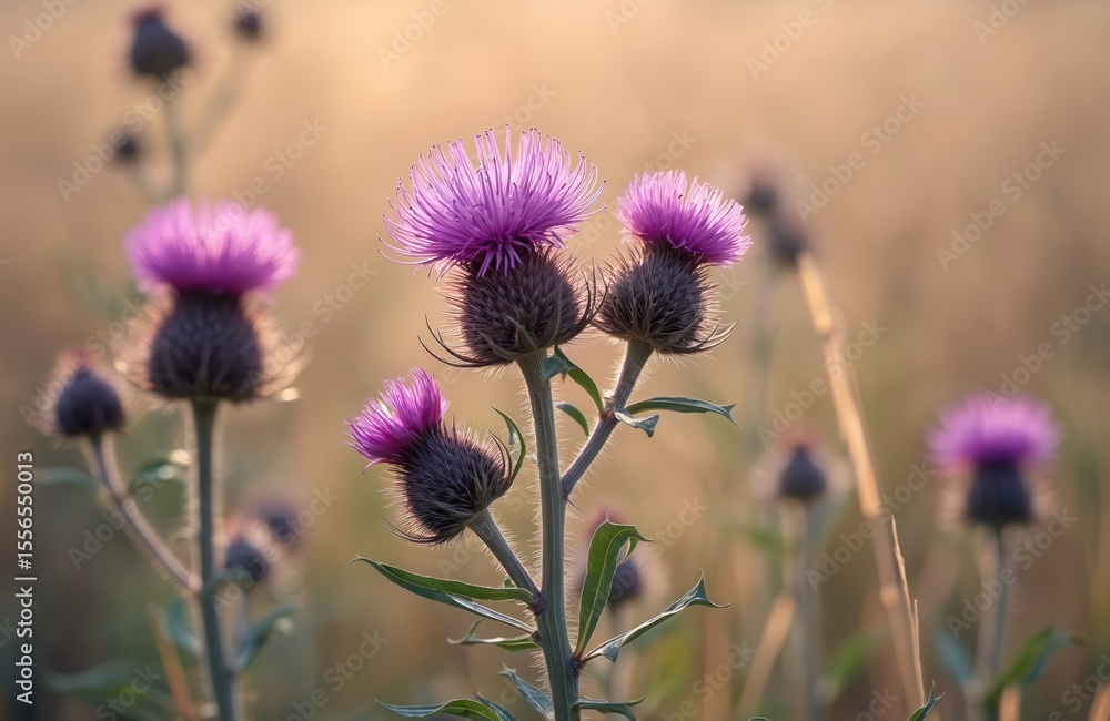 Obraz premium Thistle flowers bloom. Close-up photo of purple thistle plants with thorns in field. Natural botanical background. Wildflowers at sunset. Beautiful scenery with nature elements.