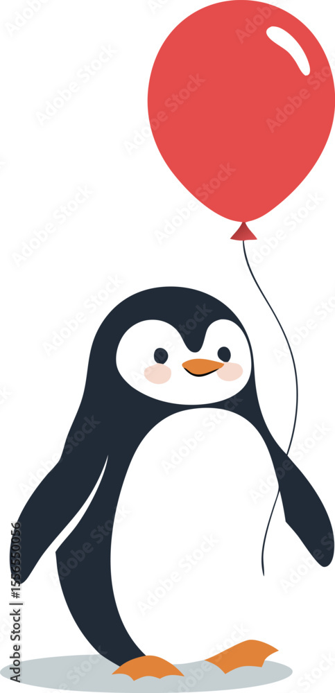 Naklejka premium Cute cartoon penguin holding a red balloon for a happy birthday party invitation or greeting card design