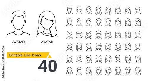 User profile icons, avatar illustration, male and female line art symbols, 40 diverse people icons for web and mobile applications