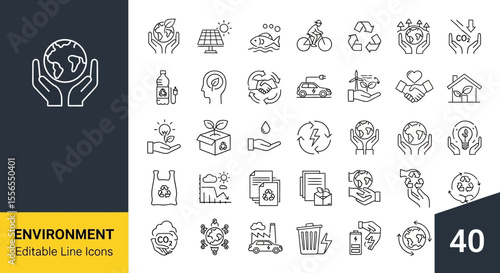 Extensive collection of modern editable line icons for environmental protection, sustainable living, ecological awareness, and green energy solutions promoting a healthier planet