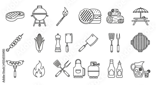 Barbecue Party Essentials Line Icons Grill, Food, and Utensils Vector Set