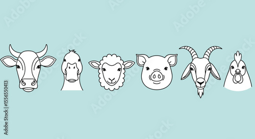 A diverse collection of minimalist line art illustrations featuring the heads of various farm animals including a cow, duck, sheep, pig, goat, and chicken, 