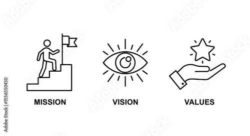 Mission, Vision, and Values icons for business strategy and corporate identity