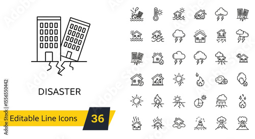 Disaster Icons Set Editable Line Icons of Natural Calamities and Emergency Events