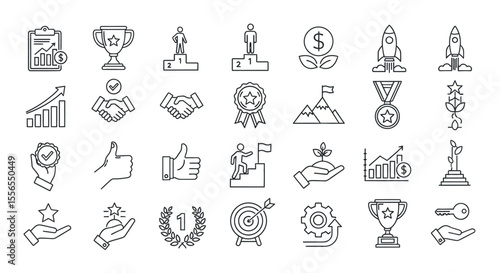 Set of Business and Success Icons Achievement, Growth, and Goals in Linear Style