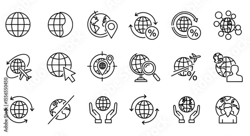A versatile set of linear icons illustrating global concepts such as world business, international travel, internet connectivity, and environmental care