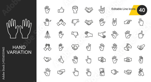 Extensive collection of diverse hand gesture line icons, illustrating a wide range of human communication and interaction signals, ideal for modern UI/UX design and digital media