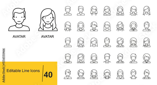 Essential pack of 40 user profile line icons, designed for contemporary web and mobile applications, featuring a diverse range of editable avatars for professional interface design