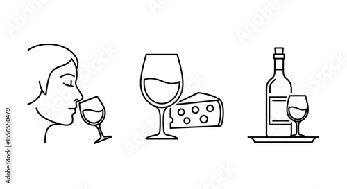 Set of line art icons depicting wine tasting, cheese pairing, and a bottle of wine with a glass