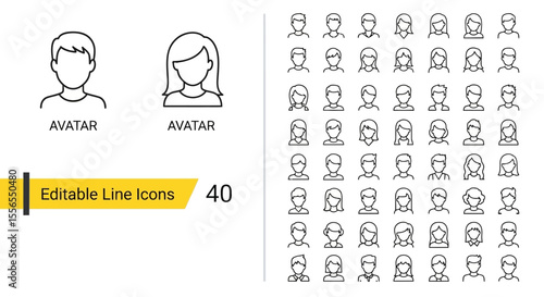Comprehensive collection of 40 editable line avatar icons, perfect for modern user profiles, web and mobile interfaces, offering versatile and sleek graphic design elements