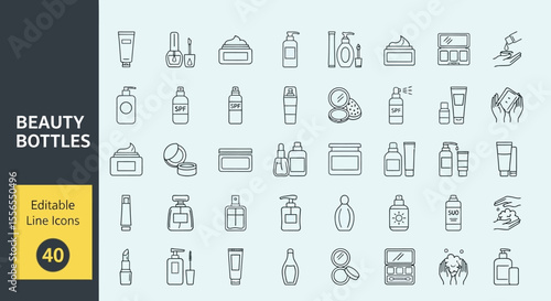 Collection of cosmetic and beauty product line icons presented on a grey background in a grid layout