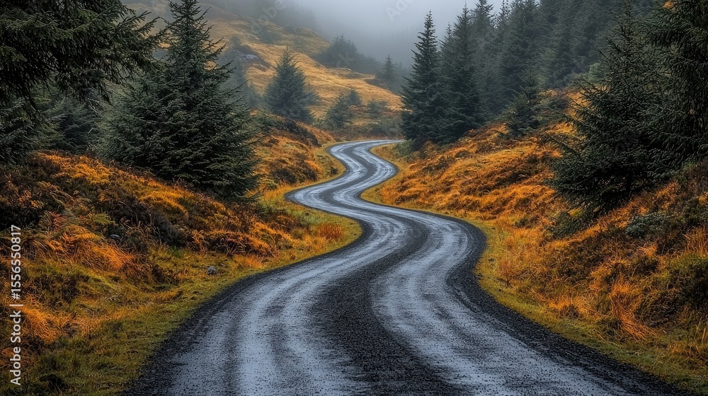 Naklejka premium Winding road through a misty autumn landscape.