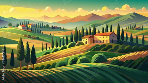 Rolling hills of green and gold are lined with tall cypress trees and vineyards. Rustic villas rest under the warm glow of the setting sun.