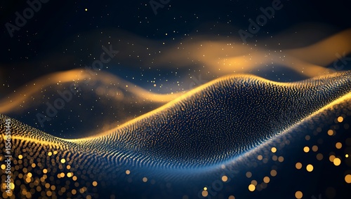 Golden particles forming abstract waves against deep blue background with sparkling dust Ai image
