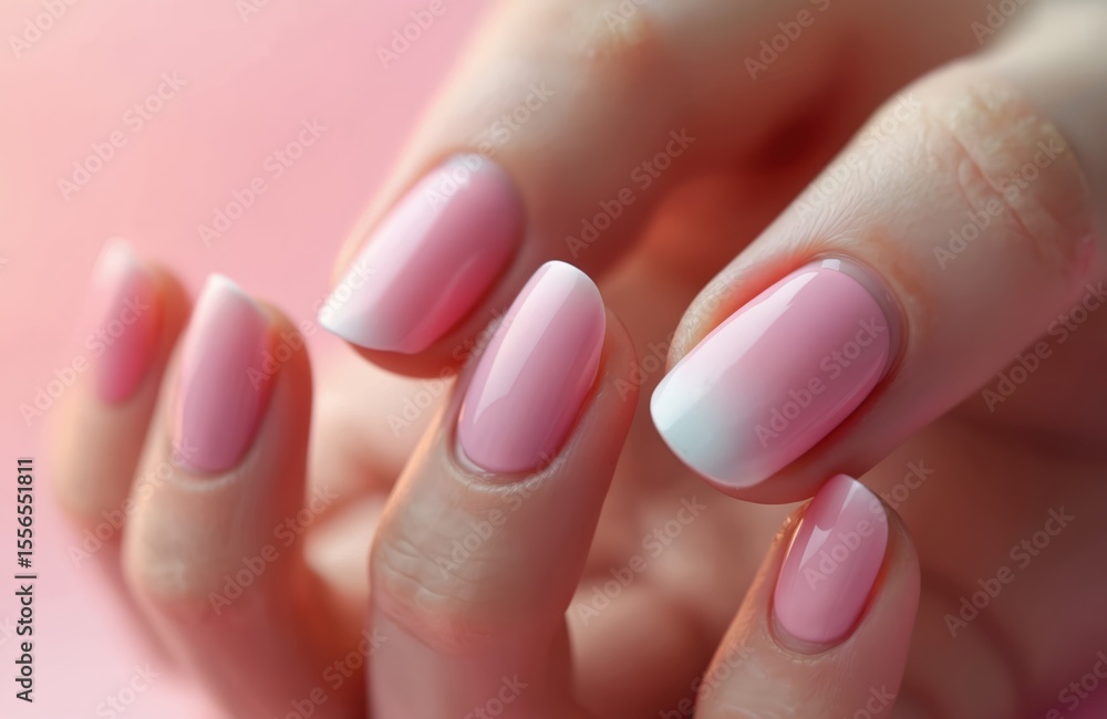 Close-up of hand with perfect pink and white ombre manicure. Woman nails are painted with gradient design. Glossy nail polish creates fresh, feminine, elegant look. Spa beauty treatment, nail care. Close-up of hand with perfect pink and white ombre manicure. Woman nails are painted with gradient design. Glossy nail polish creates fresh, feminine, elegant look. Spa beauty treatment, nail care.