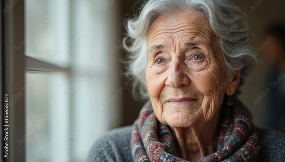 Elderly woman portrait near window. Grey hair, face wrinkles. Senior lady, aged with wisdom, thoughtful gaze. Reflects on life, retirement, aging, health, wellbeing, long life, senior care. Elderly woman portrait near window. Grey hair, face wrinkles. Senior lady, aged with wisdom, thoughtful gaze. Reflects on life, retirement, aging, health, wellbeing, long life, senior care.
