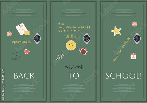 School lockers with stickers and quotes. Back to school background