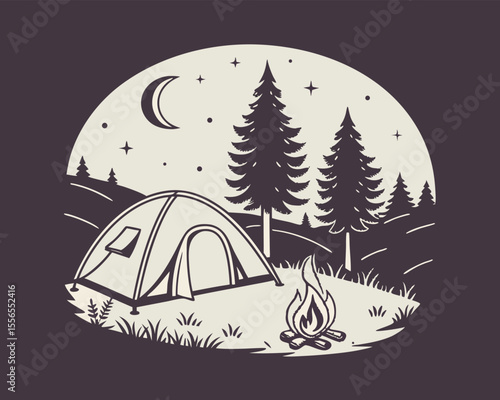 Night Camping Scene with Tent Fire and Trees under Crescent Moon