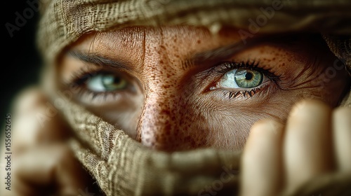 Fototapeta Naklejka Na Ścianę i Meble -  Close-up portrait of a mysterious traveler with intense green eyes in a desert