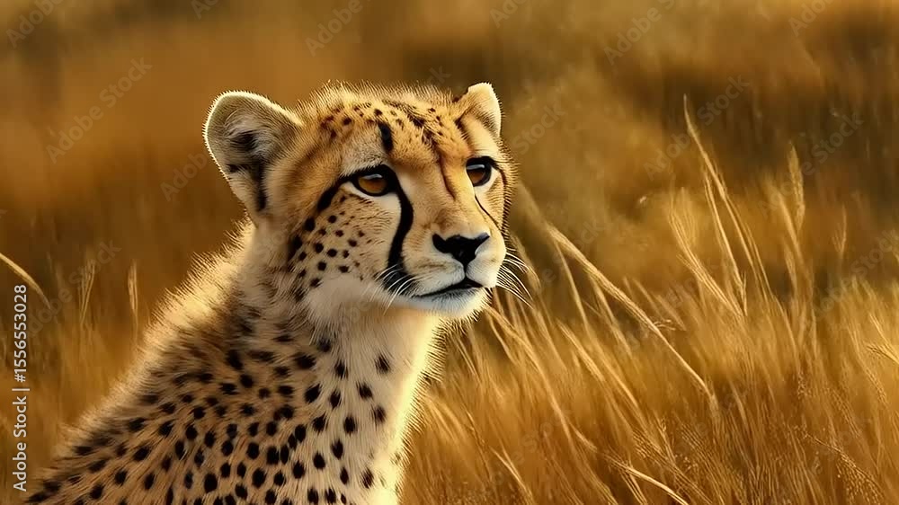 Majestic cheetah cub basking in golden savanna sunlight, wildlife observation Majestic cheetah cub basking in golden savanna sunlight, wildlife observation