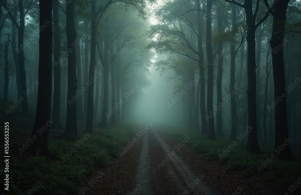 Naklejka premium Mystic morning forest. Trees disappear into fog. Peaceful path leads between tall trees. Travel, hiking, scenic beauty, eco tourism concept. Atmospheric picture from nature.
