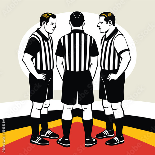 Vector illustration of three referees in striped uniforms in a sports game discussing rules or strategy on the field.