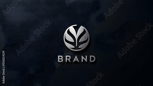 Silver logo mockup with the word brand on a dark blue textured background in a studio setting