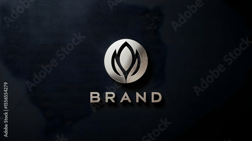 Silver brand logo mockup on dark blue textured wall with flower emblem and text below it center