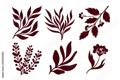 vector set of leaves and flowers color burgundy art elements