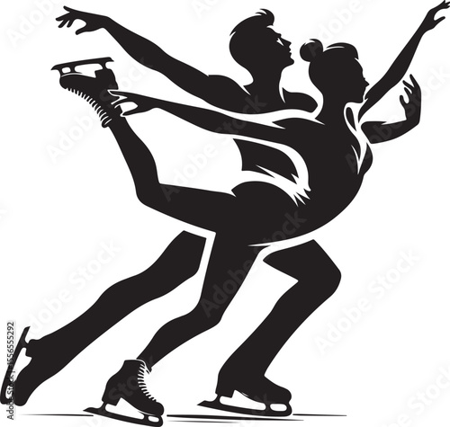  Black-and-white vector art silhouette of a figure skating pair demonstrating elegance and mastery. The skaters exhibit balance, poise, and synchronization