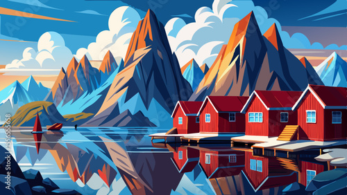 Jagged peaks rise above still fjords where red wooden cabins reflect in the glassy water. A soft mist adds mystery to the remote coastal charm.