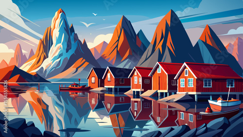 Jagged peaks rise above still fjords where red wooden cabins reflect in the glassy water. A soft mist adds mystery to the remote coastal charm.