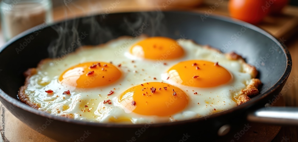 Four fried eggs sizzling in hot frying pan. Sunny side up. Yellow yolks with some seasoning and spices. Ready to eat breakfast or brunch meal. Wooden table with blurred background. Four fried eggs sizzling in hot frying pan. Sunny side up. Yellow yolks with some seasoning and spices. Ready to eat breakfast or brunch meal. Wooden table with blurred background.