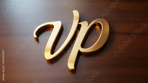 Golden vp letters on a dark brown surface with soft lighting and a smooth reflective finish look elegant