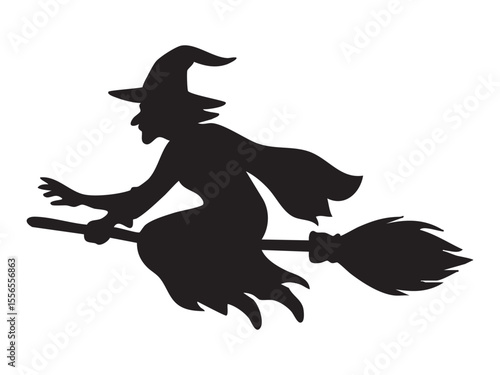Black silhouette of witch flying on broom in spooky scene, isolated on white background, graphic illustration. concept of halloween, magic, fantasy, mysterious character, icon, logo