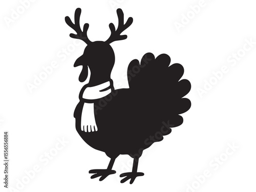 Black silhouette of turkey with antlers and scarf, isolated on white background, graphic illustration. concept of animal, festive art, holiday, thanksgiving, icon, logo.