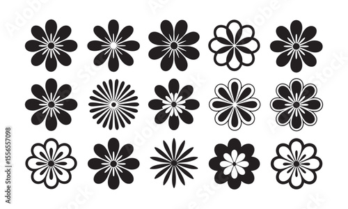 Diverse Small Flower Silhouettes Set: Assorted Botanical Icons for Patterns and Digital Art.

