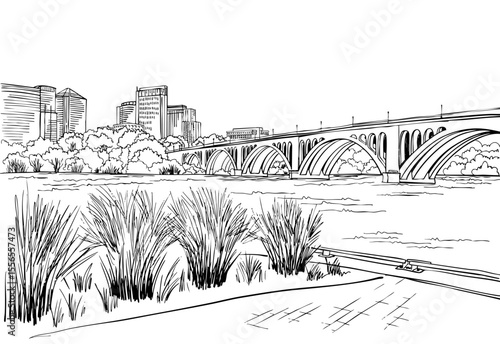 The nice view of the Key Bridge in Washington DC, USA. Potomac River. Arlington. Urban landscape. Hand drawn sketch. Black and White illustration. Line Art. Vector background. Postcard style.