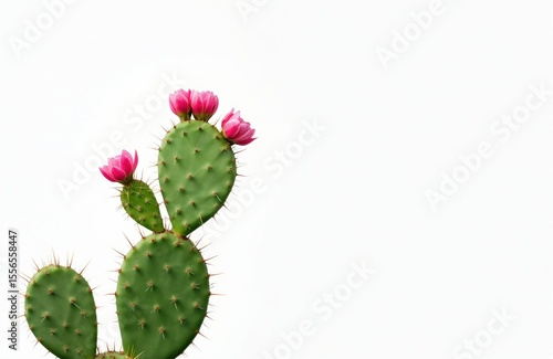 Blooming Opuntia cochenillifera cactus. Vivid pink flowers, green succulent plant. Desert garden botanical macro shot. Cactaceae beauty. Mexico flora natural beauty background, white backdrop, copy